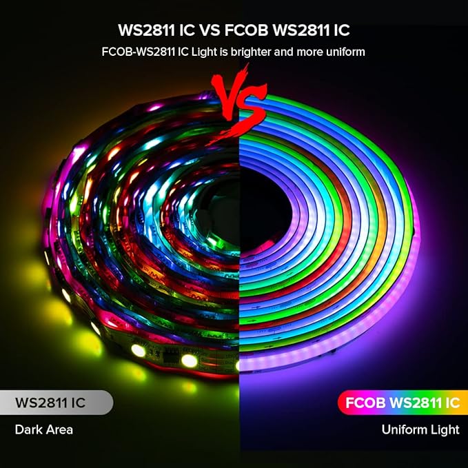 BTF-LIGHTING FCOB WS2811 IC RGB COB LED Strip 9.8FT Chasing Color Tape Light Kit DC24V 630LED/m 10mm Width Dream Color Bluetooth Sync Music Controller for Bedroom, Party, Christmas DecorWhite PCB