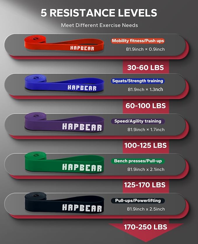 HAPBEAR Pull Up Assistance Bands Set of 5 - Resistance Bands for Working Out, Stretching, Physical Therapy, Muscle Training