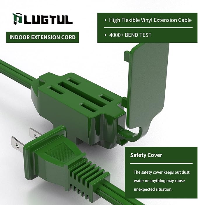 PLUGTUL Indoor Green Extension Cord 6 Feet, 3-Outlet Household Extension Cord, 2 Prong, 16 Gauge, 3 Polarized Outlets with Safety Cap Protect for Home Office, 16/2 SPT-2 ETL Listed…