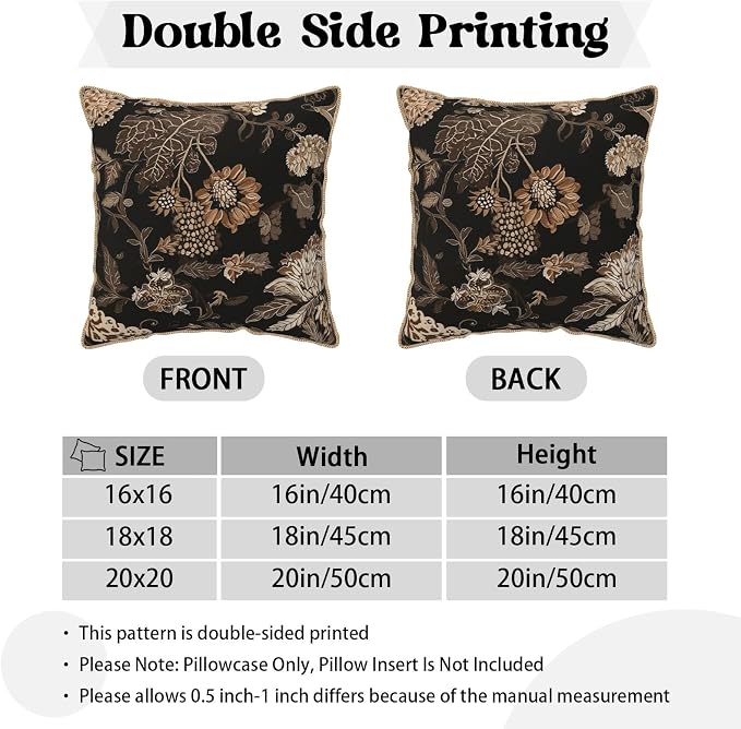 Vintage Black Floral Leaves Velvet Pillow Covers 18x18 Inch Brown Beige Tan Boho Flowers Throw Pillows For Couch Cushion Covers Pillowcase Farmhouse Bohemian Pillow Cases for Sofa Bed Bedroom