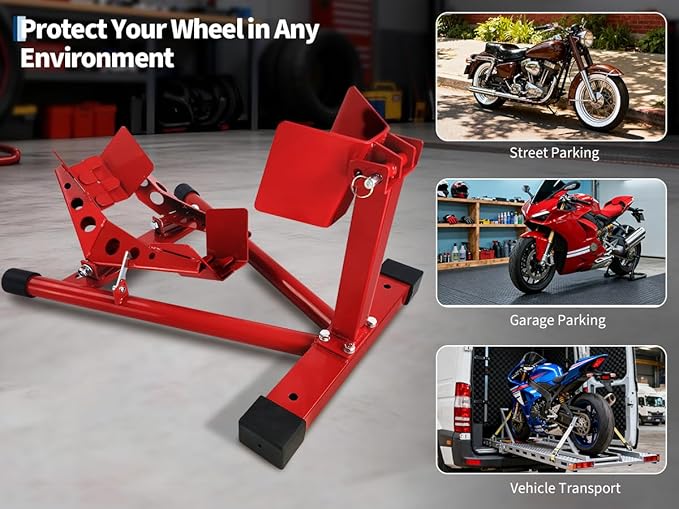 Garvee Universal Wheel Chock & Motorcycle Stand Heavy Duty 1500Lb Capacity Adjustable Motorcycle Wheel Chock 16''-21'' for Trailers, Cruiser, Sport and Dirt Bikes, Ideal Garage and Transport Solution