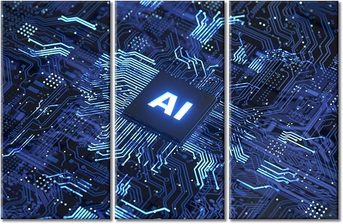 3 Pieces Chip Canvas Wall Art for Bedroom Artificial Intelligence Concept Wall Paintings for Living Room Virtual Network Office Modern Wall Art Pictures Print on Canvas Framed Ready to Hang (42"Wx28"H)