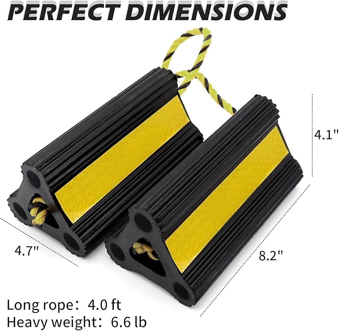 Wheel Chocks for RV Trailer Travel Camper Truck Car, Sturdy Heavy Duty Simple Easy to Use, Rubber Tires Block Stopper Chock with Rope and Yellow Reflective Tape Trailer RV Accessary(2set4pack)