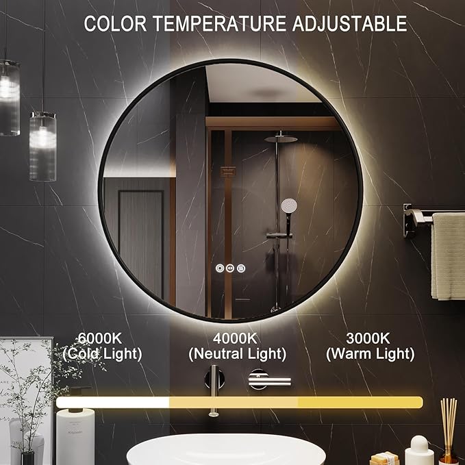 Round Bathroom Mirror with Lights, 28x28 Inch Vanity Mirror with Backlit, Anti-Fog, 3 Colors and Stepless Dimmable Wall Mounted Makeup Mirror with Metal Frame (Black)