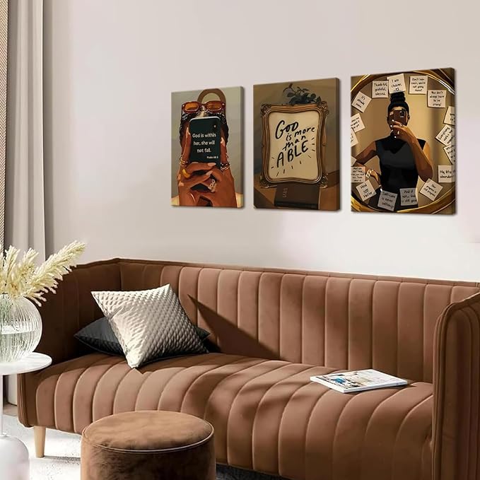 Framed Black Girl Wall Art Set of 3, Fashion Inspirational Black Woman Wall Decor Paintings, African American Positive Affirmations Pictures Canvas Prints for Living Room Bedroom Office 12x16 inch