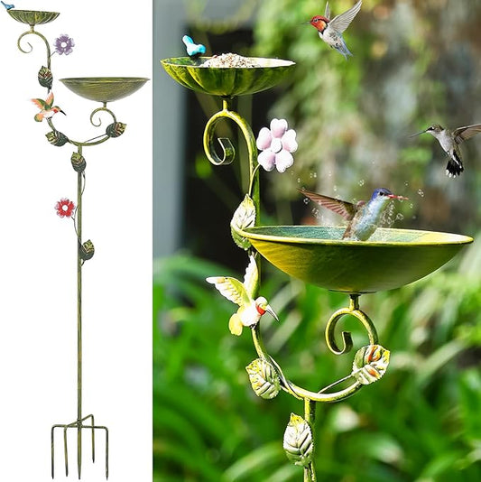 Bird Baths for Outdoors, 58" Tall Free Standing Bird Bath and Feeder Combo, Metal Birdbath with 5-Prong Stake for Outside, Decorative 2 in 1 Birdbaths Feeders for The Garden Yard Lawn