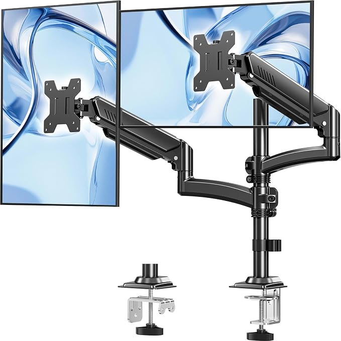 Dual Monitor Stand for Computer Screen up to 32", Holds 22 lbs Each | Taller Monitor Arms Desk Mount, Height Adjustable Gas Spring VESA Mount with C-clamp Grommet Mounting, Black, Freelift