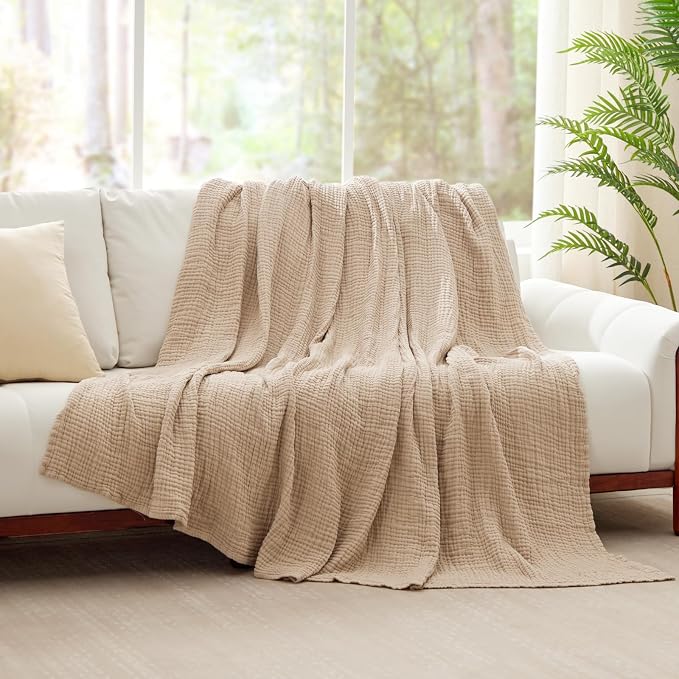 100% Cotton Muslin Blanket Twin 60" x 80", Breathable and Lightweight Cotton Twin Blankets for Couch, Soft Cooling Summer Gauze Blanket for Adults All Season, Beige