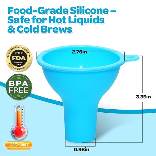 6-Piece Colorful Silicone Funnel Set for Kitchen & Cooking - Flexible Liquid & Powder Funnel with Hang Holes, 2.76" Pour Spout & 0.98" Bottle Neck Fit (Blue, White, Pink, Red, Green, Orange)