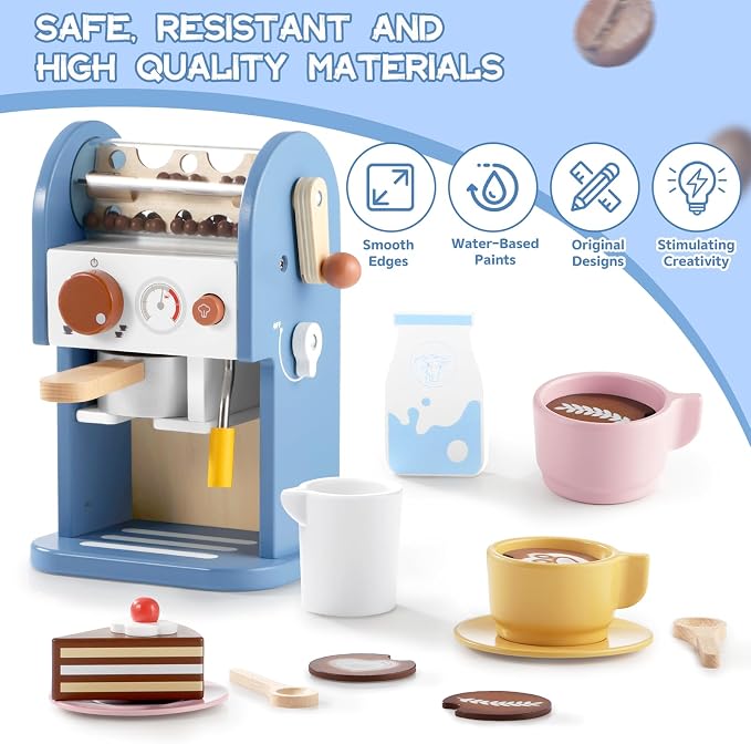 GAGAKU Wooden Coffee Machine Toy with Grinder，15 pcs Wood Play Kitchen Accessories for Kids Non-Toxic Pretend Play Barista Set Learning Gift for Toddlers Girls Boys Ages 3+