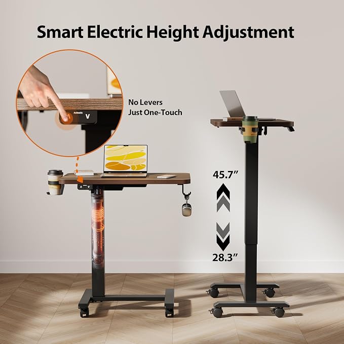 Agilestic 26*16 Inch Height Adjustable Electric Standing Desk, Dark Walnut | Sit Stand Up Computer Desk, with Wheels, Memory Presets, Stable Steel Frame, 88 lbs, Easy Assembly, Home Office, Studying