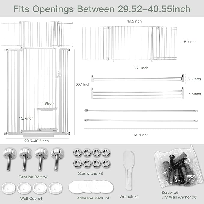 71 Inch Extra Tall Pet Gate with Small Cat Door, 29.55"-40.55" Adjustable Wide Dog Gate, Tall Cats Gates for Doorway, Stairs, House(White)