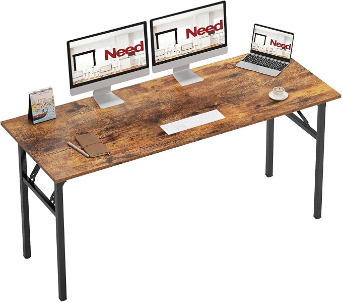 Need Home Office Desk - 62 Inches Large Computer Desk Sturdy Black Table Foldable Desk Gaming Computer Table No Assembly Required Rustic Brown AC5FB(157.5 * 60) | Black Frame Writing Gaming Work Table/Foldable Home Office Desk/Sewing Table, No Assembly...