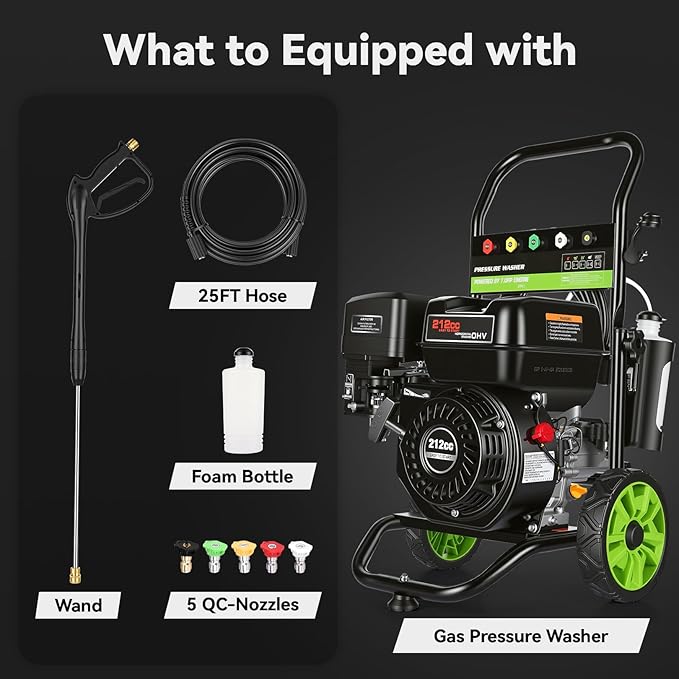 4200PSI Professional Gas Pressure Washer, 4GPM 212CC 7.0 HP 8" Wheels Commercial Gas Power Washer with 1L Foam Bottle 5 Nozzles 25FT Hose for Home Car Fence Driveway (EPA/CARB/ETL Compliant), Black