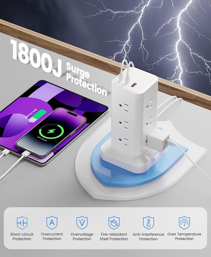 Power Strip Tower with Surge Protector 1800J, Fast Charging Tower PD20W USB-C Ports with 12 AC Outlets, 10ft Extension Cord for Home Office Dorm Room, White