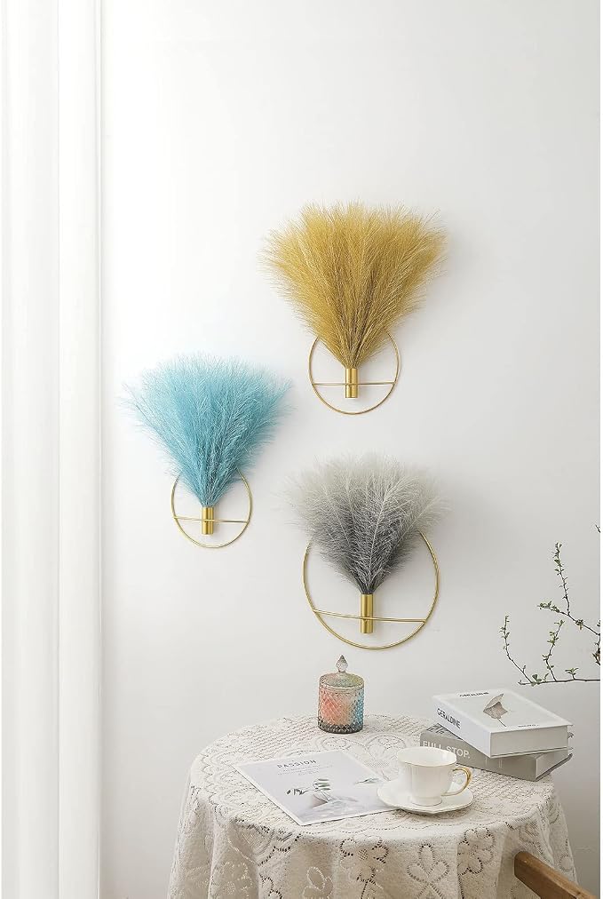 Pretty Jolly Boho Pampas Wall Decor Gold Metal Wall-Mounted Art | Morden Artificial Greenery Display，2 Pack Gray Hanging Planter For Living Room, Bedroom, Bathroom, Dining room