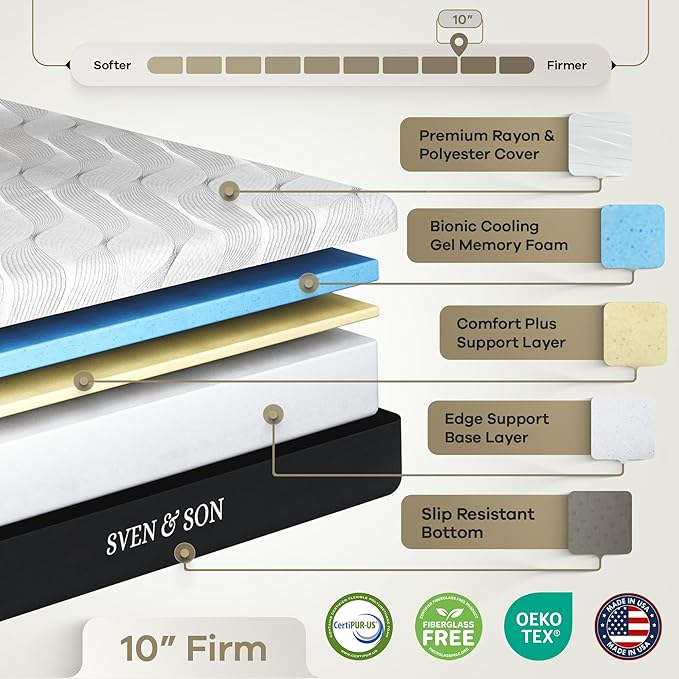 Sven & Son Harmony Adjustable Bed Base, Head and Foot Lift, Massage, Under-Bed Lights, USB, Gel Memory, Zero Gravity Smart Frame - Twin XL + 10 inch Memory Foam Matt (Firm)
