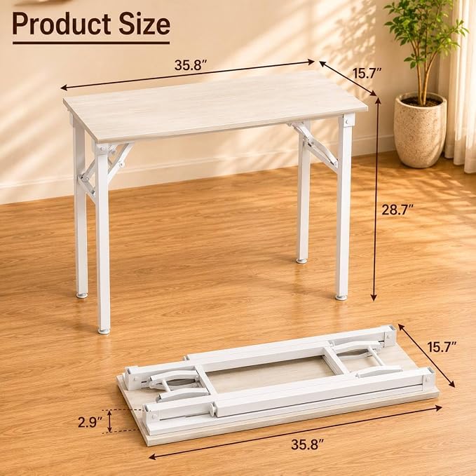 Folding Table Computer Desk - 35.8" No Assembly Folding Desk Design and Foldable Office Desk, Small Desk for Bedroom, Compact Storage Portable Use for Dorm and RV Small Space, White Ash