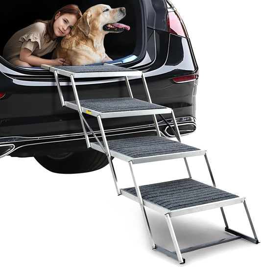 20" Extra Wide Dog Ramp, 4-Step Foldable Pet Stairs with Non-Slip Carpet - Lightweight Aluminum for SUV/Truck/Car & High Beds - Supports Large Dogs up to 200Lbs