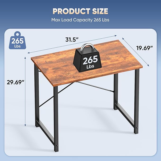 DUMOS 32 Inch Small Computer Desk, Gaming Desks for Home Office Bedroom | Modern Study Writing Work Table, Craft PC Desk Simple Workstation with Reinforcement Structure, Rustic Brown