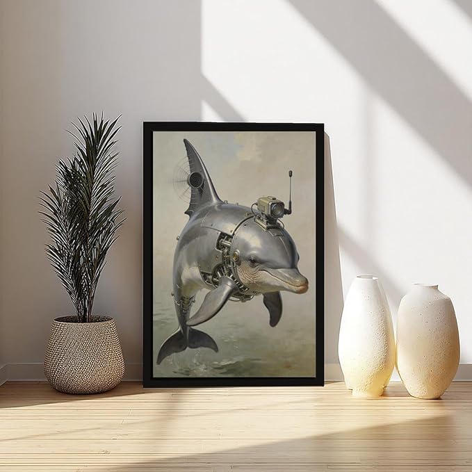 Framed Steampunk Mechanical Dolphin Wall Art - Marine Retro-Futuristic Poster for Beach House Living Room Decor 12x18in