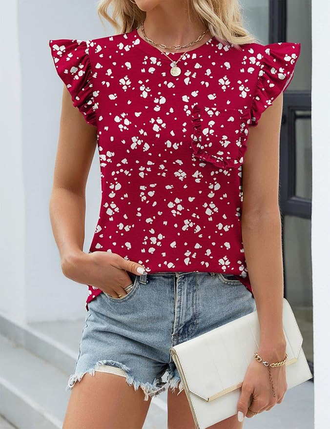 JUSTFASHIONNOW Womens Summer Tops Striped T-Shirts 2026 Ruffle Short Sleeve Crew Neck Casual Blouses with Pocket