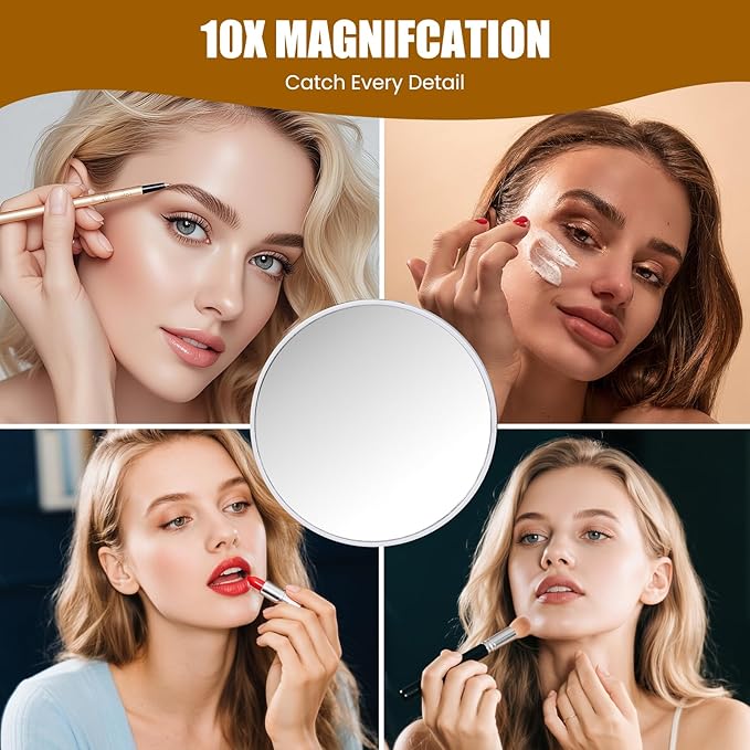 Rechargeable Vanity Mirror with Lights, 3000mAH Battery, 16"×12.4" LED Makeup Mirror, 10X Magnification, Smart Touch with 3-Color Lighting, 360° Rotation, Lighted Up for Makeup Desk, Bedroom (Gold)