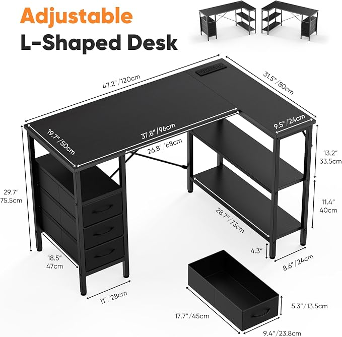 DUMOS L Shaped Desk with Drawers, Gaming Desk, 47 Inch | Power Outlet, Study Table, Adjustable Shelves, Home Office, Corner Computer Workstation, Bedroom, Black