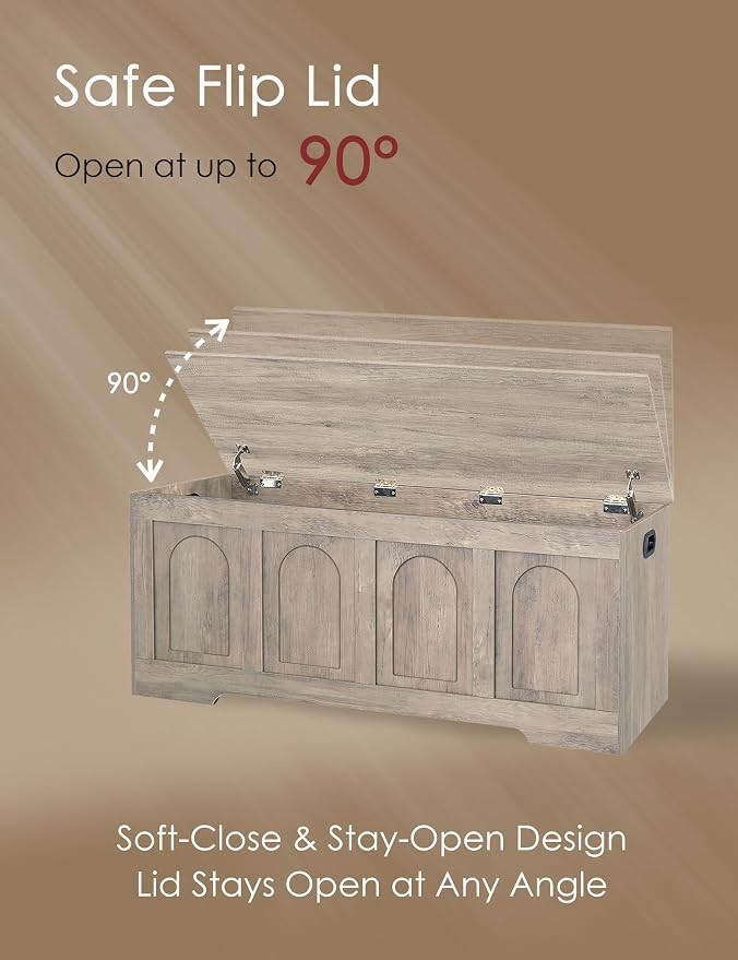 Storage Chest, Wooden Toy Box, Greige 47.2" L | Entryway Shoe Bench, 2 Soft-close Hinges, Finger-safe Flip-Top Lid, Easy Assembly, Farmhouse Large Trunk, Living Room/Bedroom