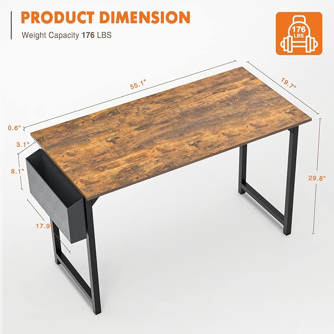 Sweetcrispy 55-Inch Small Computer Desk for Bedroom, Brown | Gaming Writing Work and Study Desk for Home Office, Sturdy Metal Frame and Compact Modern Design with X-Shaped
