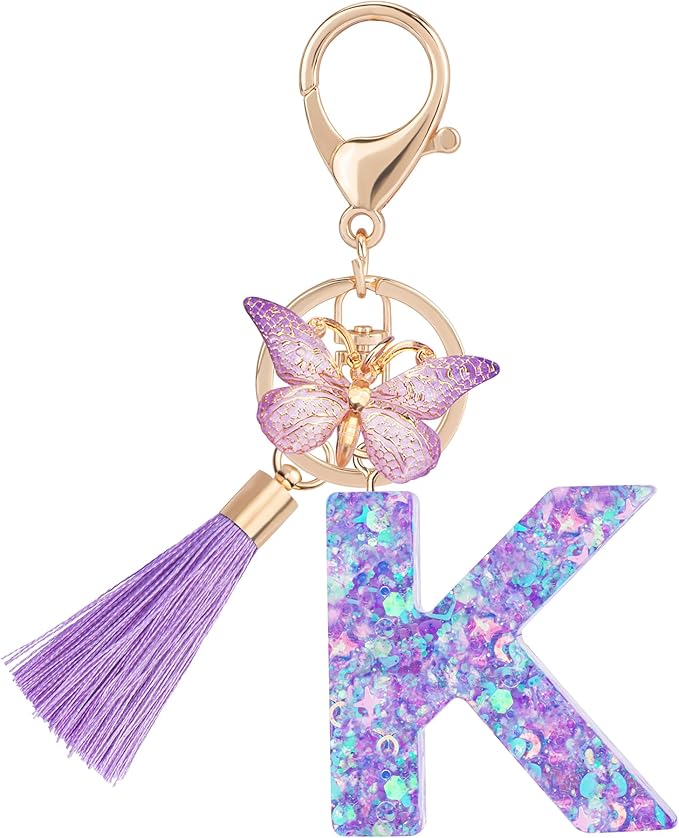 Suweibuke Colourful Cute Initial Letter Keychains for Women Girls with Tassel Butterfly, Charm for Purse Handbags Backpacks