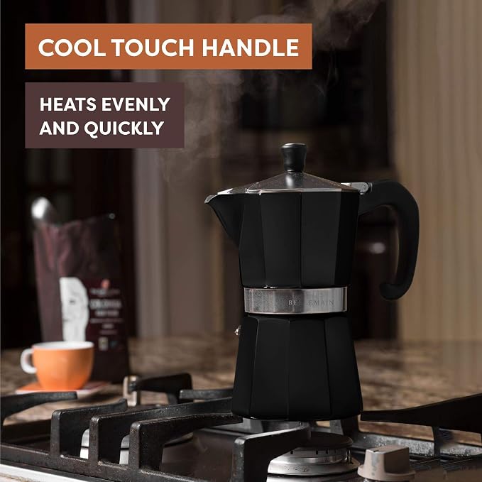 Bellemain Stovetop Espresso Maker, Italian Moka Pot, 3-Cup Black | Classic aluminum design brews rich espresso at home or camping, with an easy-to-use and easy-to-clean design.
