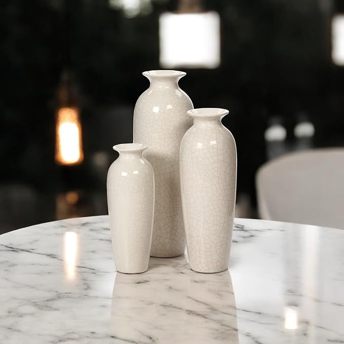 Hosley Set of 3 Crackle Ivory Ceramic Vases. Ideal Gift for Floral Arrangements Wedding or Special Occasions for Use in Home Office Decor Spa Aromatherapy Settings