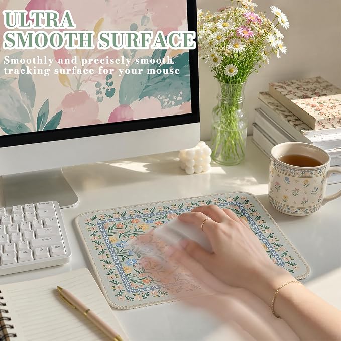 iCasso Aesthetic Small Mouse Pad, 9.5x7.9in,Home Office, Green Floral | Mini Portable Travel Mousepad, Anti-Slip and Comfortable Cloth Mouse Mat with Stitched Edges for Computer, Home
