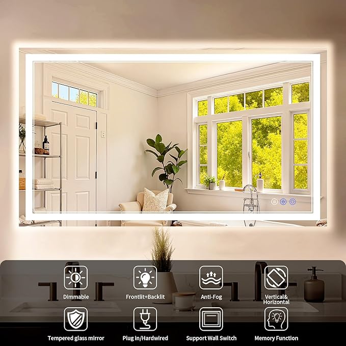 30"x55" LED Bathroom Mirror with Lights, Anti-Fog, Backlit + Front Lit, Dimmable, Led Vanity Mirror for Wall, Lighted Bathroom Mirror, 3 Colors, Shatter-Proof Tempered Glass