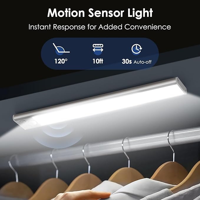 7" LED Cabinet Light with Motion & Light Sensor, Pack of 2 Rechargeable Under Cabinet Lighting, 3 Color Modes 3000K/4500K/6000K, 36 LEDs, 100LM, USB, 1100mAh Battery, Wireless Closet Light