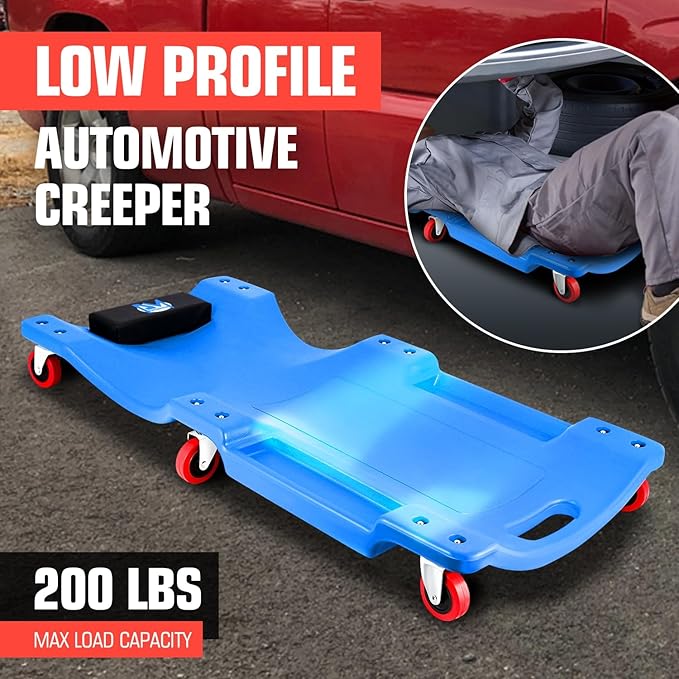 PM PERFORMOTOR 36" L X 17" W x 4.25" H Vehicle Repair Low Profile Automotive Creeper w/Padded Headrest, Blue, PM-TOL-CPC36-BL