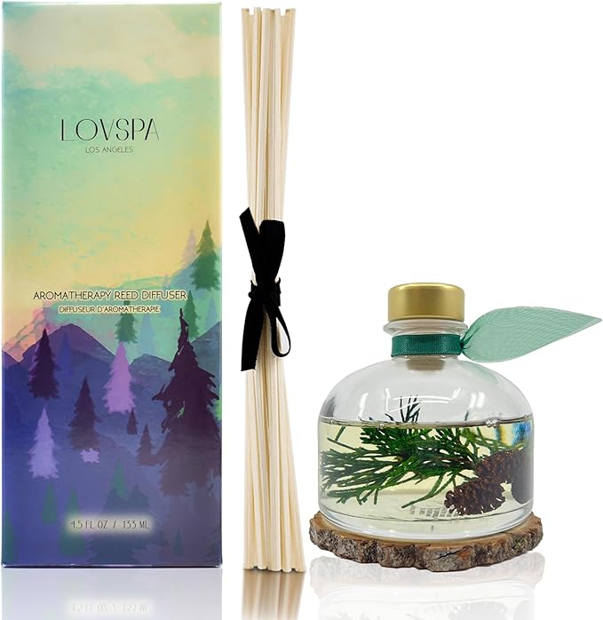 LOVSPA Reed Diffuser Set, Winter Forest Pine Scented Oil Diffuser with Sticks and Wooden Coaster, Bathroom Shelf Decor Made with Real Botanicals, USA Made