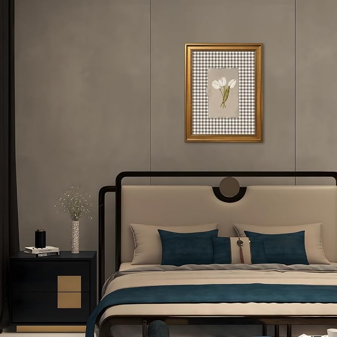 Gold Framed White Tulips Vintage Floral Wall Art Painting Brown Gingham Botanical Print Rustic Farmhouse Flower Picture Poster Neutral Cottagecore Canvas Artwork Aesthetic Country Home Decor 24x36inch