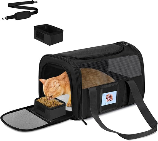 Cat Carrier Soft for Pets Up to 15 Lbs, Cat Travel Bag with Padded Shoulder Strap and Detachable Cat Food Bowl, Pet Dog Carriers for Small Dogs Travel Puppy Carry Airline Approved, Black