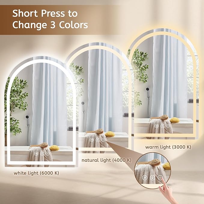 Arched LED Mirror for Bathroom 24"x36", Lighted Bathroom Vanity Mirror with Lights - Anti-Fog, Front Light and Backlit, Dimmable, 3 Colors