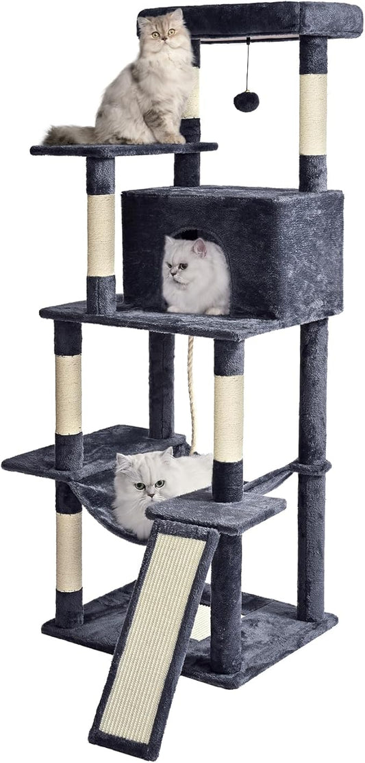 Cat Tree Tower 63in Multi-Level Cat Tower for Indoor Cats with Sisal Scratching Posts, Condo, Hammock, Dangling Ball and Extended Platform for Cats to Play, Grey