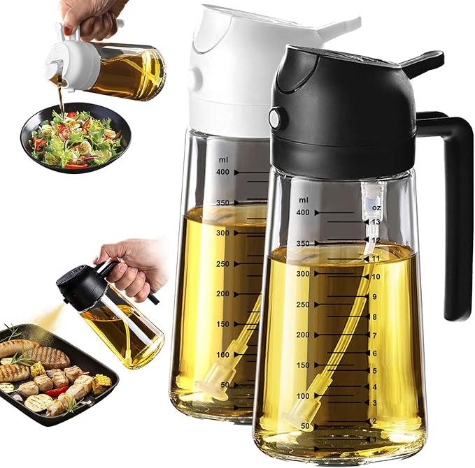 TrendPlain 16oz/470ml Glass Olive Oil Sprayer for Cooking – 2 in 1 Olive Oil Dispenser Bottle for Kitchen Gadgets and Air Fryer Accessories, Salad, BBQ - Black & White