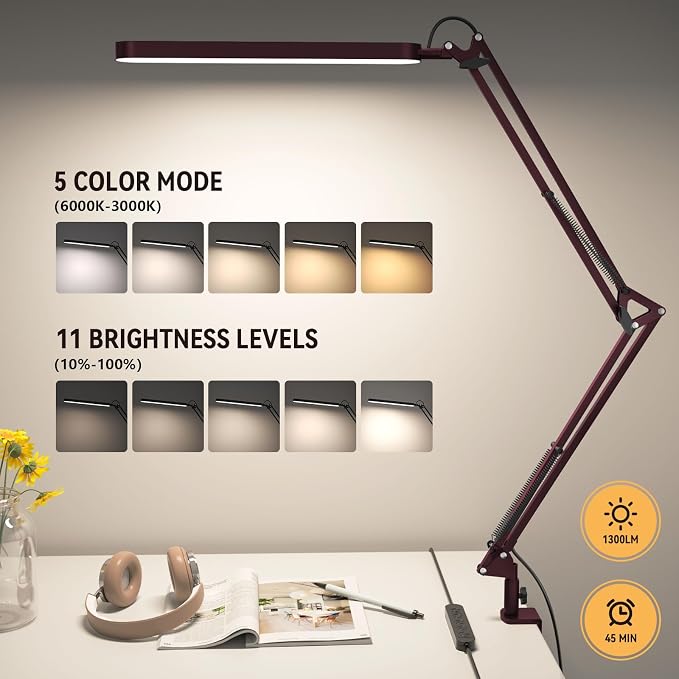 SKYLEO Desk Lamp - LED Desk Light - 5 Color Modes X 11 Brightness Levels - Adjustable Swing Arm - Timmer & Memory Function - 12W Lamp for Desk - Red