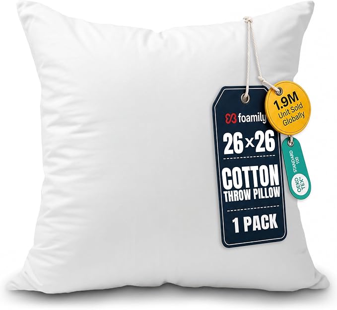 Foamily 26x26 Euro Pillow Insert, 100% Cotton Cover, Down Alternative | Cotton cover, plush down-alternative fill, machine washable Fits 26x26 euro covers, shams Bed, couch, daybed