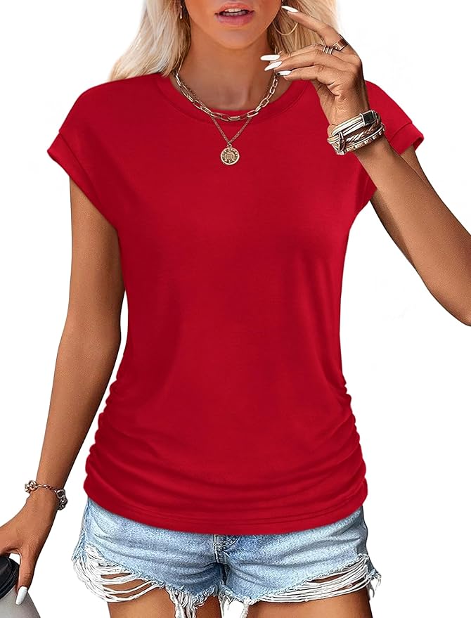 Sampeel Womens Summer Tops Trendy 2026 Ruched Cap Short Sleeve Tshirts Shirts Crew Neck T Shirts Fashion