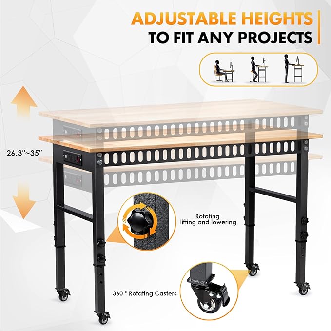 48" Height Adjustable Workbench, 2000 LBS Load Capacity Rubber Wood Top Workstation, Heavy-Duty Hardwood Worktable for Garage Workshop (with Wheels and Socket,48'')