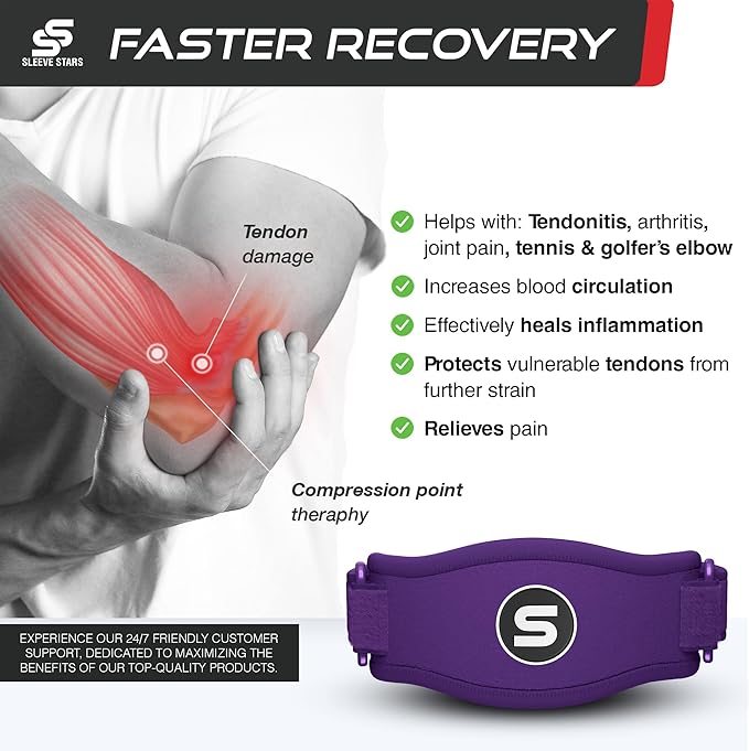 Sleeve Stars Tennis Elbow Brace for Women - Adjustable Tennis Elbow Strap, Golfers Elbow Brace for Men, Counterforce Brace for Tendonitis Relief, Fits 9"-23" (Single/Dark Purple)
