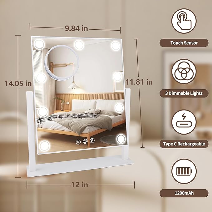 Lighted Makeup Mirror, 14"x 12" Hollywood Vanity Mirror with 9 LED Bulbs, 3 Color Lights, and Detachable 10X Magnification Mirror, 1200mAh Rechargeable, Touch Control, 360°Rotation (White)