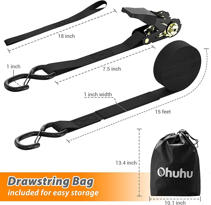 Ratchet Tie Down Straps with Safety Clip 4-Pack 1" x 15' & 4 Soft Loops - 500 lbs Load Cap 1500 lbs Breaking Limit, Ohuhu Ratchet Tie Downs Logistic Cargo Straps for Moving Appliances, Motorcycle